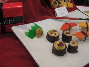 Miami's chocolate sushi rolls are made from dried fruit (standing in for the fishy parts), wrapped in rice crispies, then dipped in chocolate.